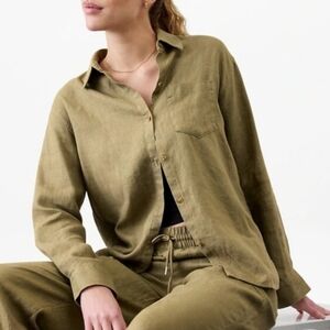 Athleta Retreat Linen Set Wide Leg Pant & Shirt In Olive Branch Small